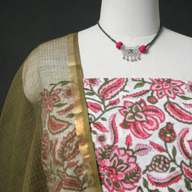 Sanganeri Hand Block Print Cotton 2pc Unstitched Dress Material Kurta Set with Jewellery 04