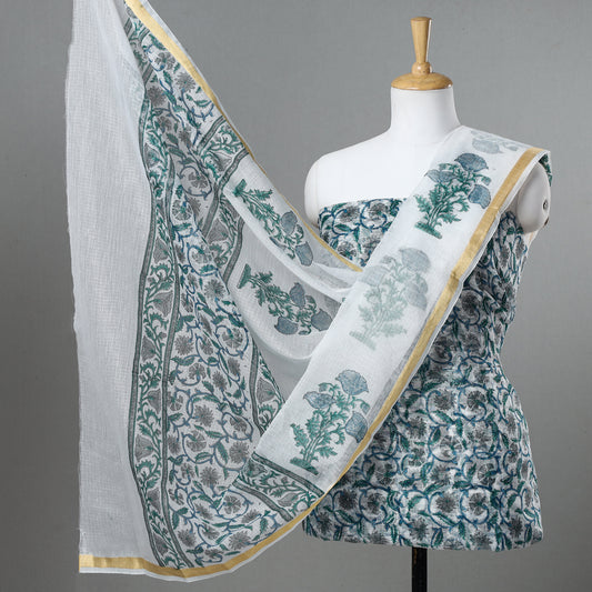 3pc Sanganeri Block Printed Kota Doria Cotton Suit Material Set 14