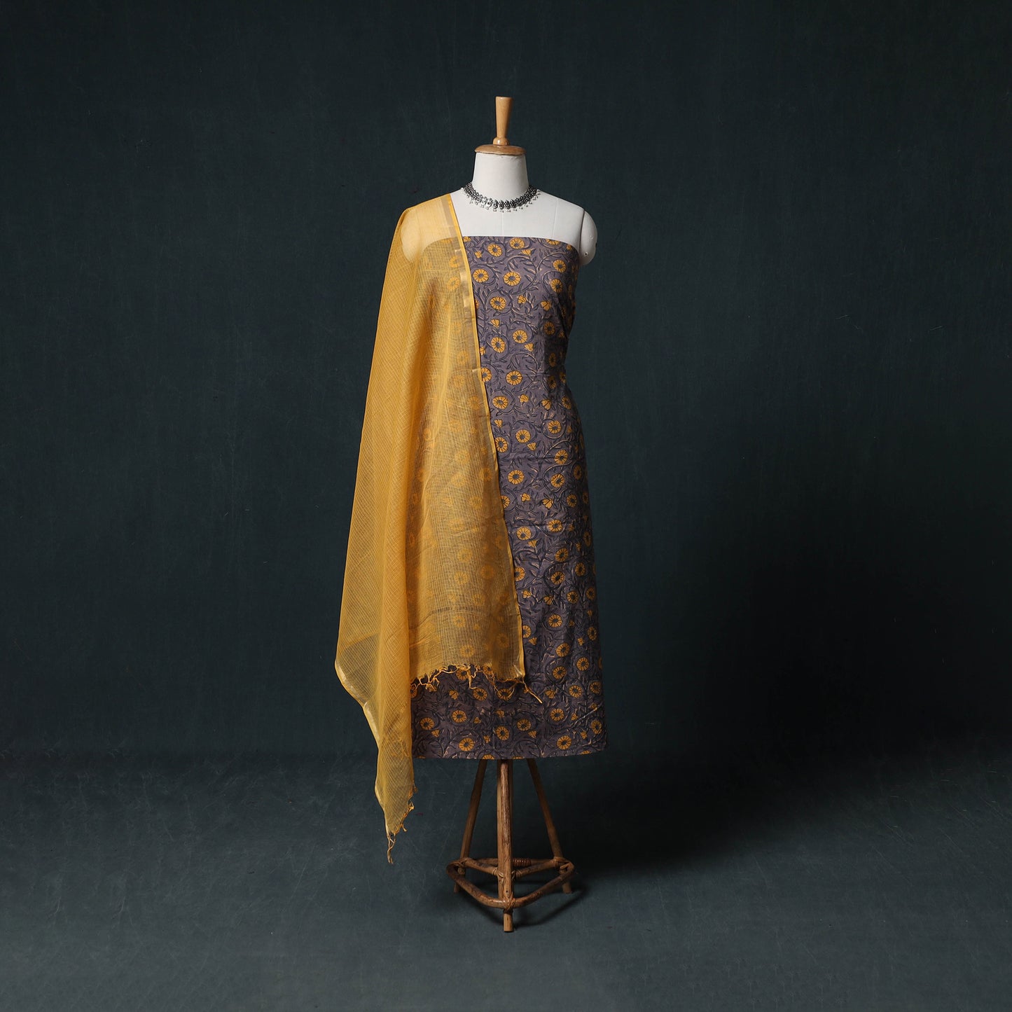Sanganeri Hand Block Print Cotton 2pc Unstitched Dress Material Kurta Set with Earrings 07