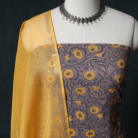 Sanganeri Hand Block Print Cotton 2pc Unstitched Dress Material Kurta Set with Earrings 07