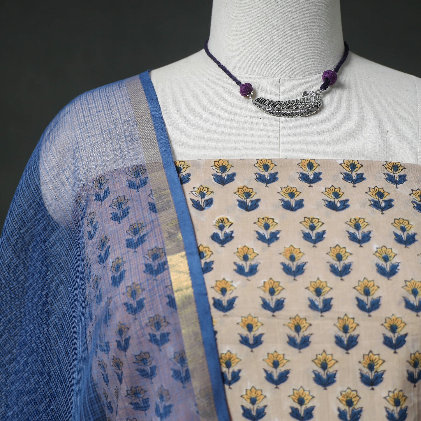 Sanganeri Hand Block Print Cotton 2pc Unstitched Dress Material Kurta Set with Jewellery 05
