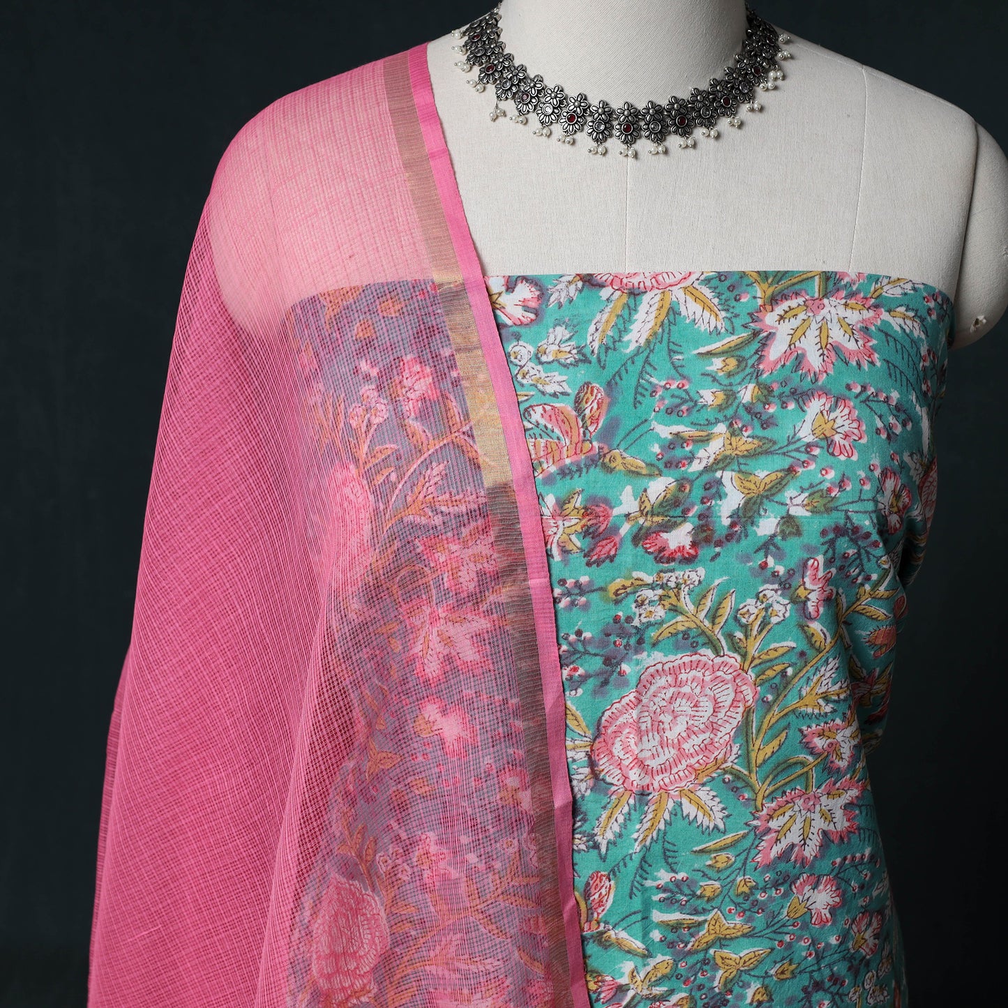 Sanganeri Hand Block Print Cotton 2pc Unstitched Dress Material Kurta Set with Earrings 08
