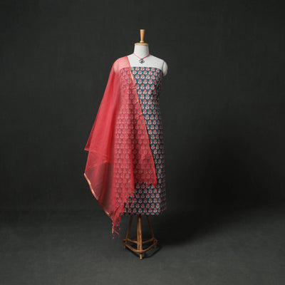 Sanganeri Hand Block Print Cotton 2pc Unstitched Dress Material Kurta Set with Jewellery 07