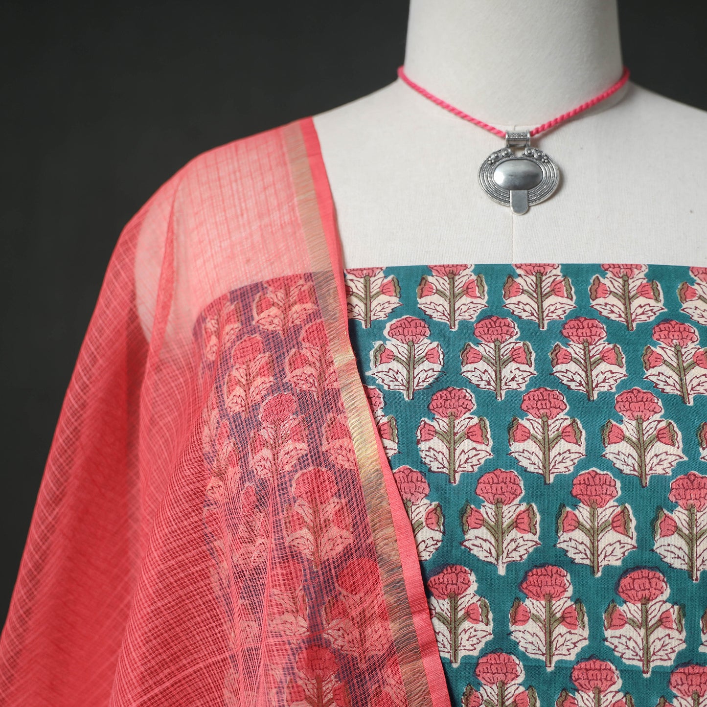 Sanganeri Hand Block Print Cotton 2pc Unstitched Dress Material Kurta Set with Jewellery 07