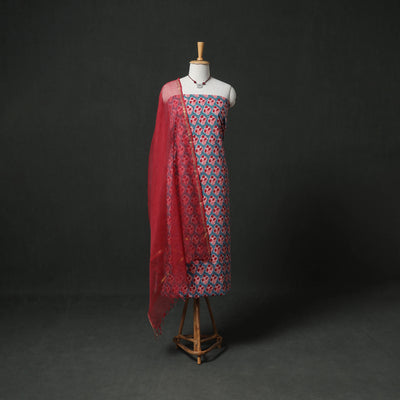 Sanganeri Hand Block Print Cotton 2pc Unstitched Dress Material Kurta Set with Jewellery 08