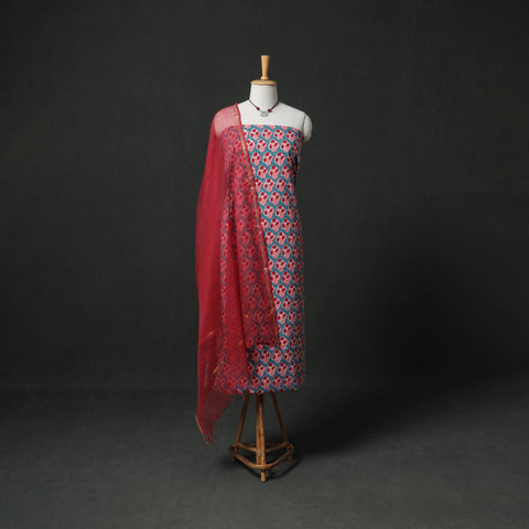 Sanganeri Hand Block Print Cotton 2pc Unstitched Dress Material Kurta Set with Jewellery 08