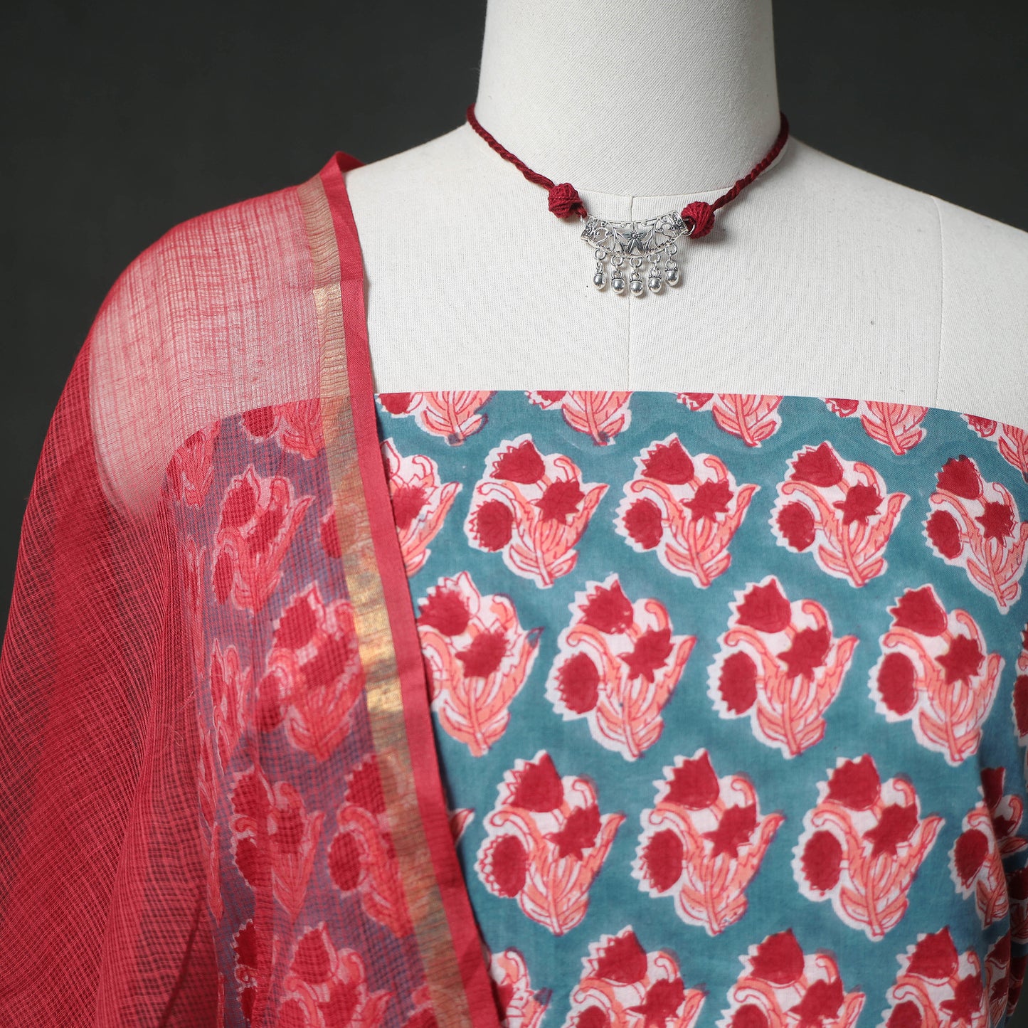 Sanganeri Hand Block Print Cotton 2pc Unstitched Dress Material Kurta Set with Jewellery 08