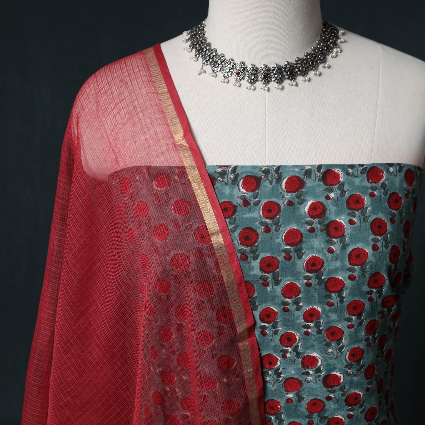 Sanganeri Hand Block Print Cotton 2pc Unstitched Dress Material Kurta Set with Earrings 10