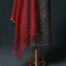 Sanganeri Hand Block Print Cotton 2pc Unstitched Dress Material Kurta Set with Earrings 10