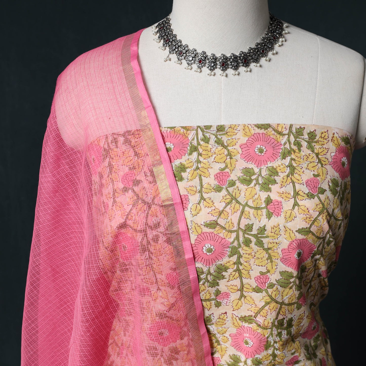 Sanganeri Hand Block Print Cotton 2pc Unstitched Dress Material Kurta Set with Earrings 11
