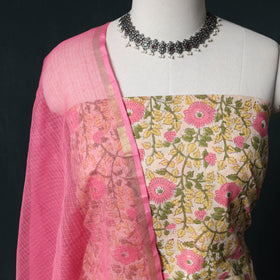 Sanganeri Hand Block Print Cotton 2pc Unstitched Dress Material Kurta Set with Earrings 11