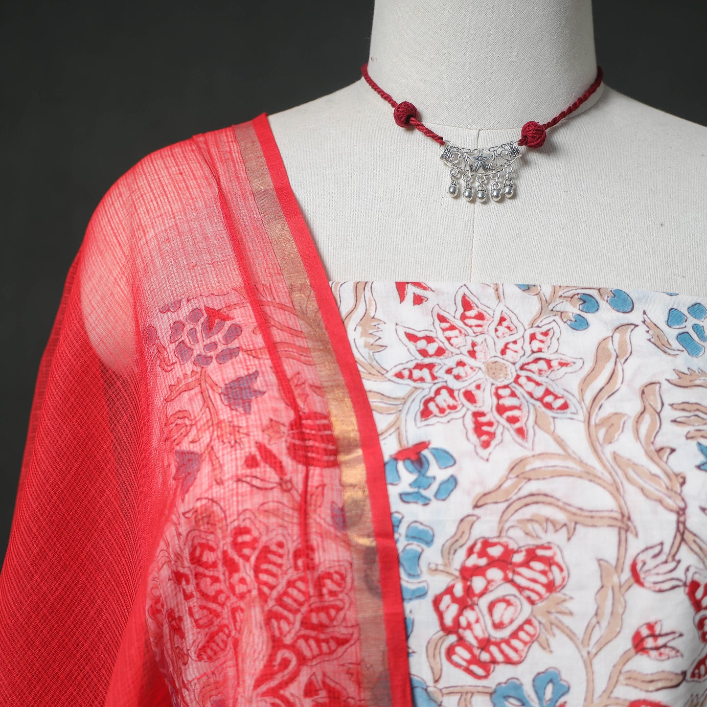 Sanganeri Hand Block Print Cotton 2pc Unstitched Dress Material Kurta Set with Jewellery 09