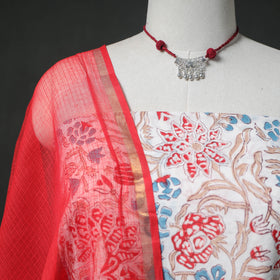 Sanganeri Hand Block Print Cotton 2pc Unstitched Dress Material Kurta Set with Jewellery 09