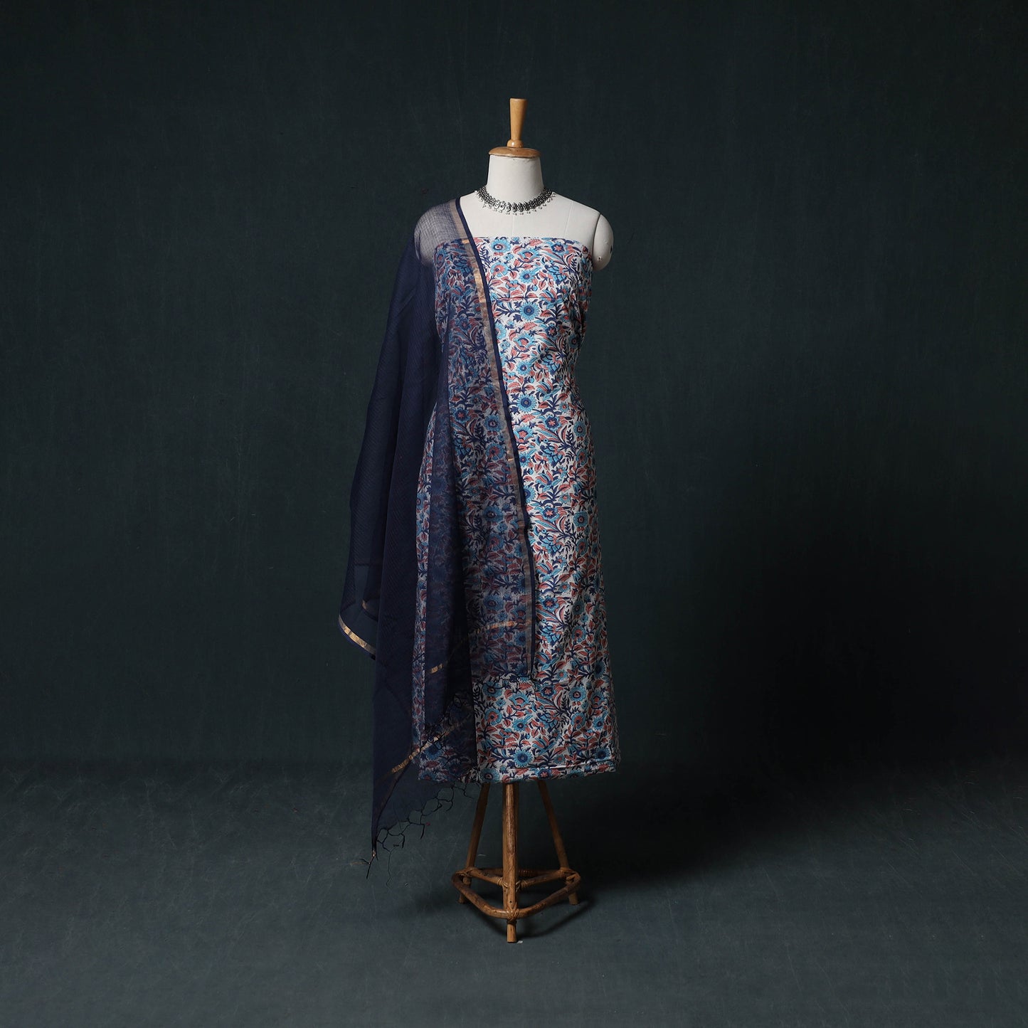 Sanganeri Hand Block Print Cotton 2pc Unstitched Dress Material Kurta Set with Earrings 12