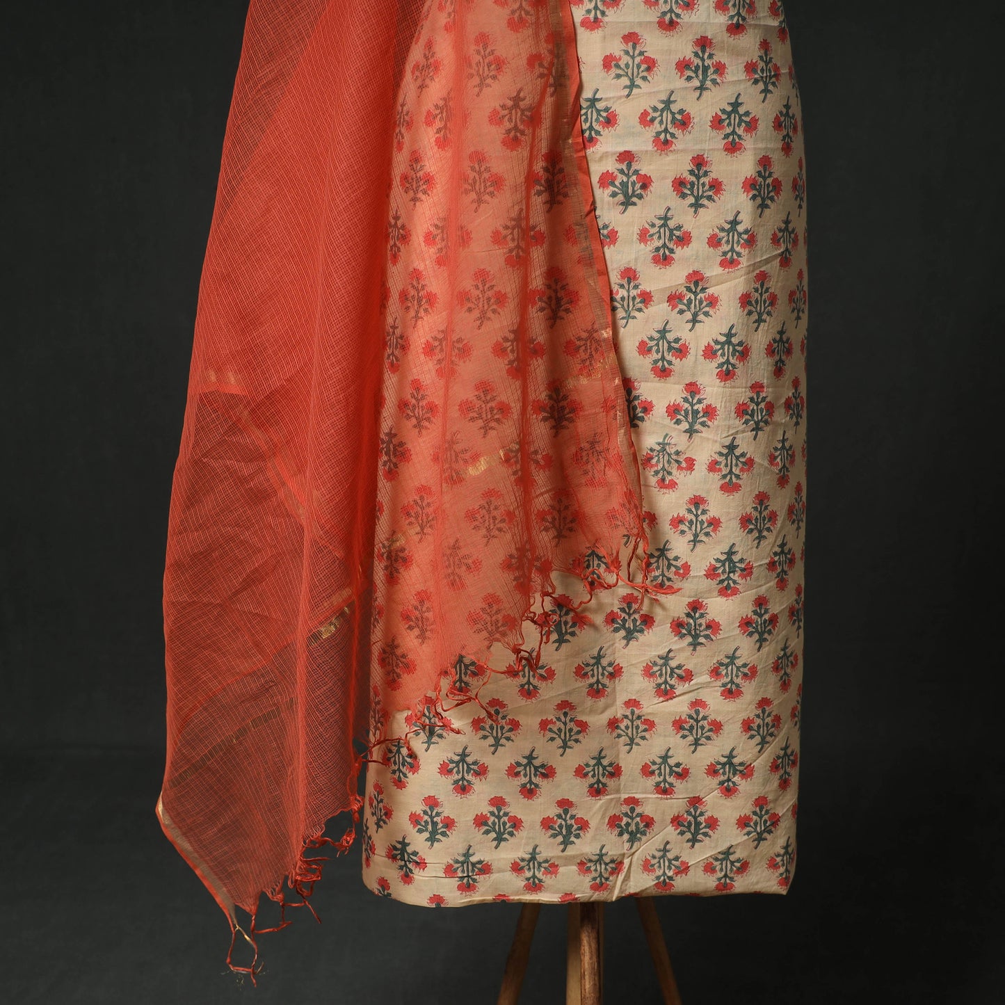 Sanganeri Hand Block Print Cotton 2pc Unstitched Dress Material Kurta Set with Jewellery 10