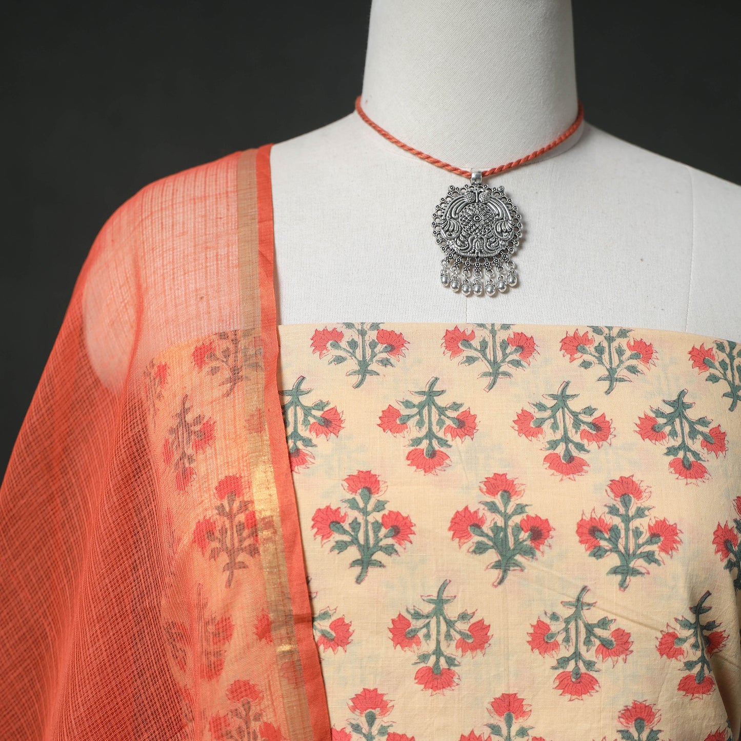 Sanganeri Hand Block Print Cotton 2pc Unstitched Dress Material Kurta Set with Jewellery 10