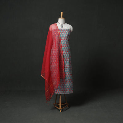 Sanganeri Hand Block Print Cotton 2pc Unstitched Dress Material Kurta Set with Jewellery 11