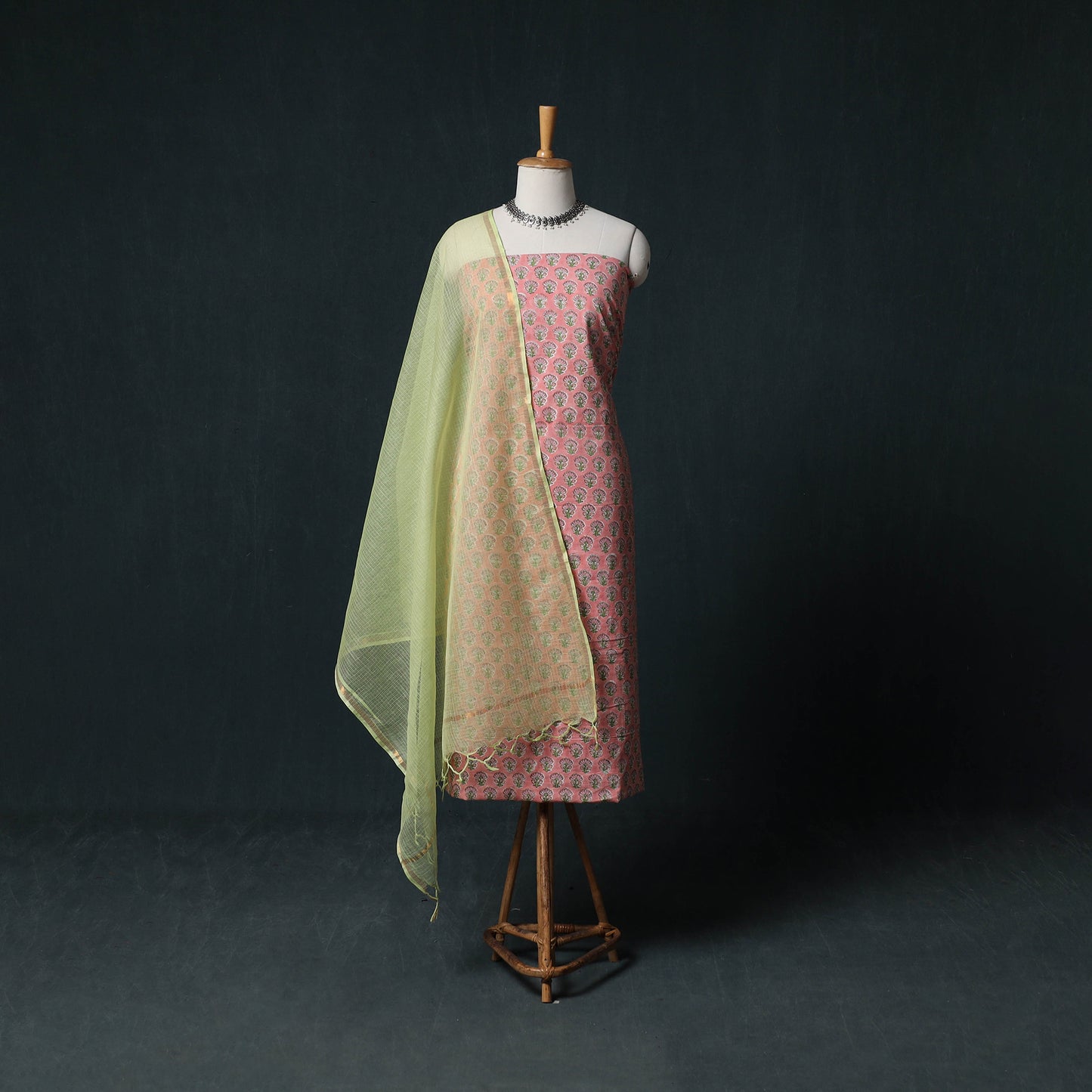 Sanganeri Hand Block Print Cotton 2pc Unstitched Dress Material Kurta Set with Earrings 13