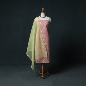 Sanganeri Hand Block Print Cotton 2pc Unstitched Dress Material Kurta Set with Earrings 13