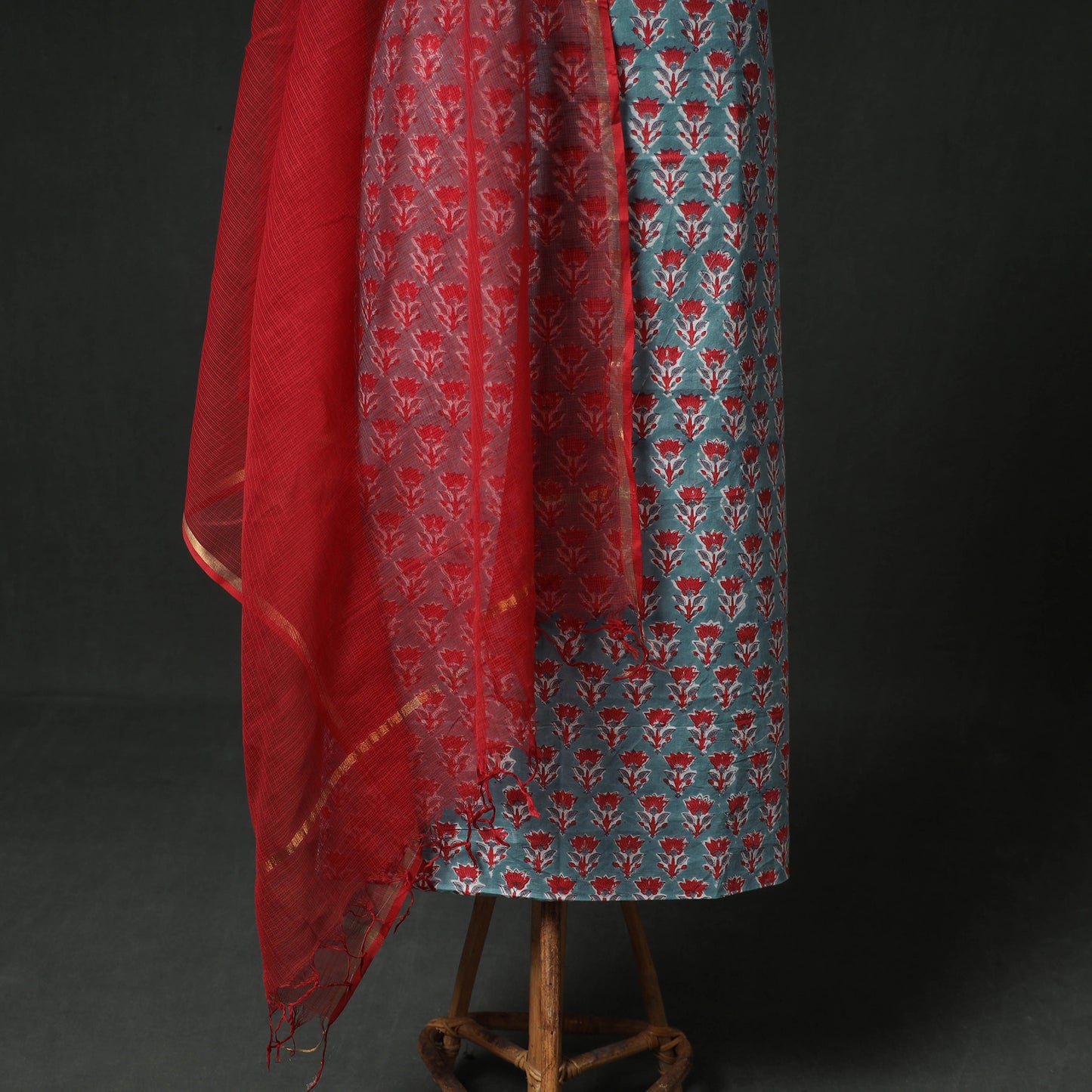 Sanganeri Hand Block Print Cotton 2pc Unstitched Dress Material Kurta Set with Jewellery 11