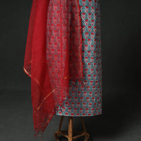 Sanganeri Hand Block Print Cotton 2pc Unstitched Dress Material Kurta Set with Jewellery 11