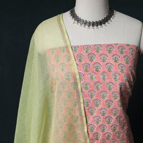 Sanganeri Hand Block Print Cotton 2pc Unstitched Dress Material Kurta Set with Earrings 13