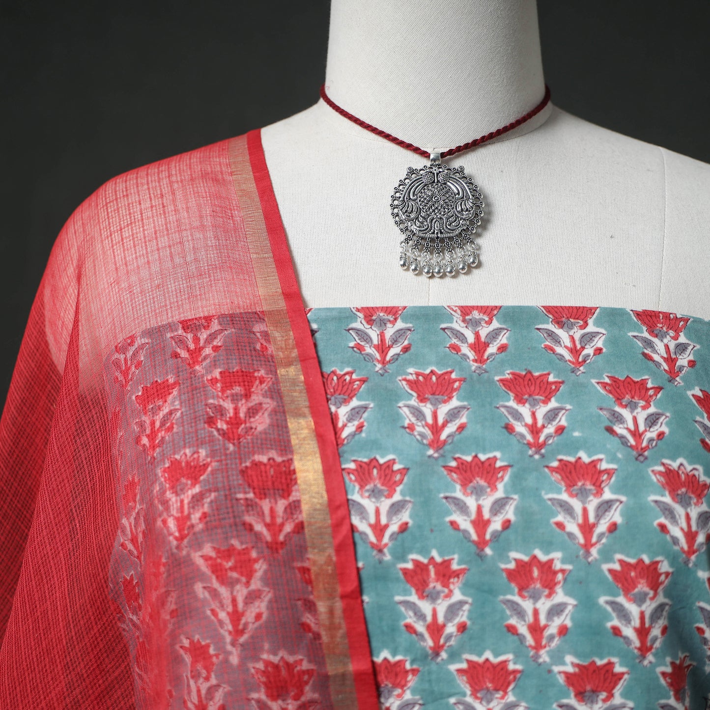 Sanganeri Hand Block Print Cotton 2pc Unstitched Dress Material Kurta Set with Jewellery 11