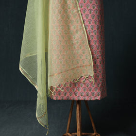 Sanganeri Hand Block Print Cotton 2pc Unstitched Dress Material Kurta Set with Earrings 13