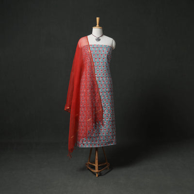 Sanganeri Hand Block Print Cotton 2pc Unstitched Dress Material Kurta Set with Jewellery 12