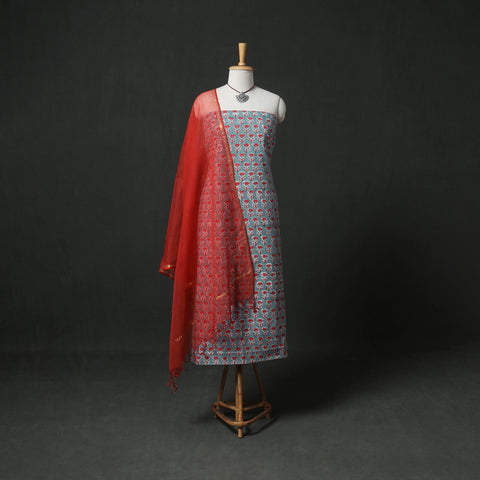 Sanganeri Hand Block Print Cotton 2pc Unstitched Dress Material Kurta Set with Jewellery 12