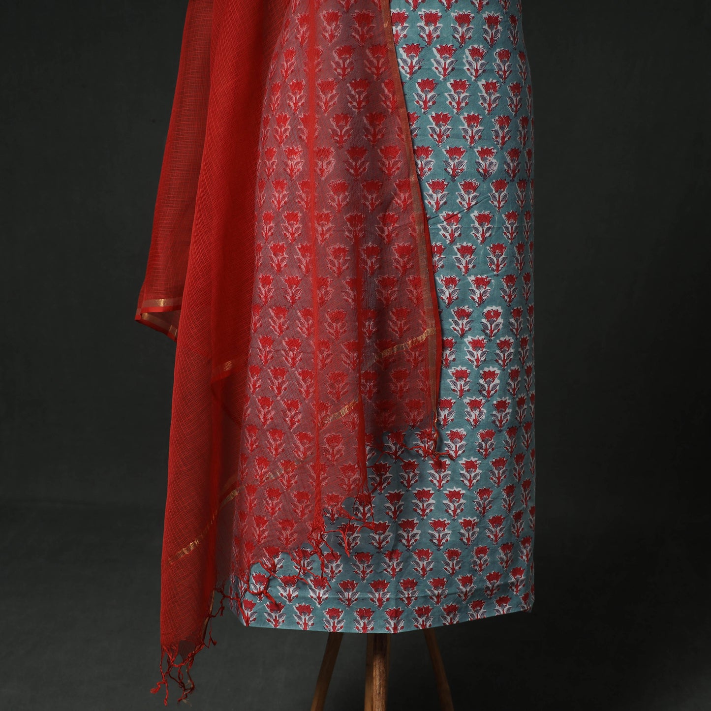 Sanganeri Hand Block Print Cotton 2pc Unstitched Dress Material Kurta Set with Jewellery 12