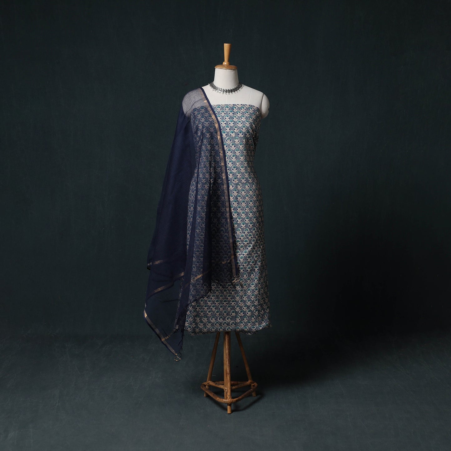 Sanganeri Hand Block Print Cotton 2pc Unstitched Dress Material Kurta Set with Earrings 14
