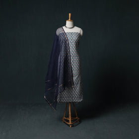 Sanganeri Hand Block Print Cotton 2pc Unstitched Dress Material Kurta Set with Earrings 14