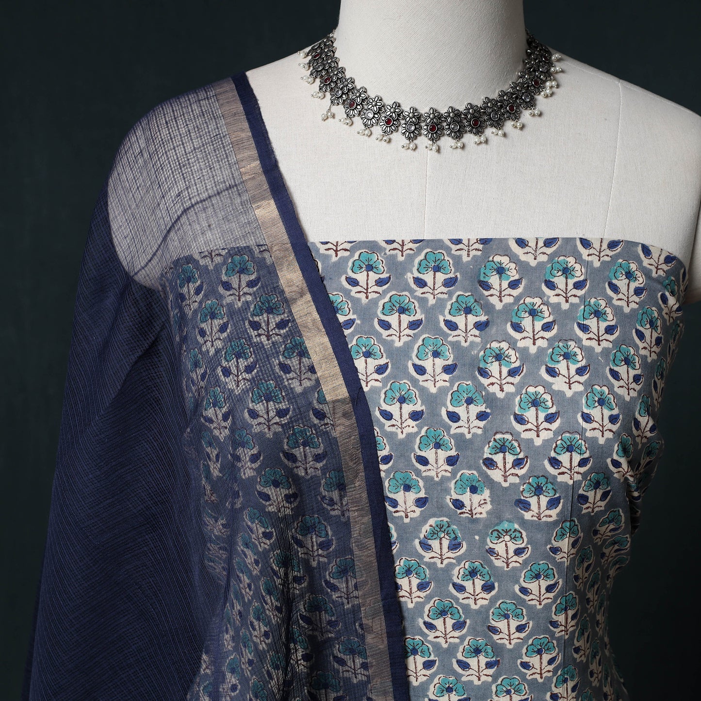 Sanganeri Hand Block Print Cotton 2pc Unstitched Dress Material Kurta Set with Earrings 14