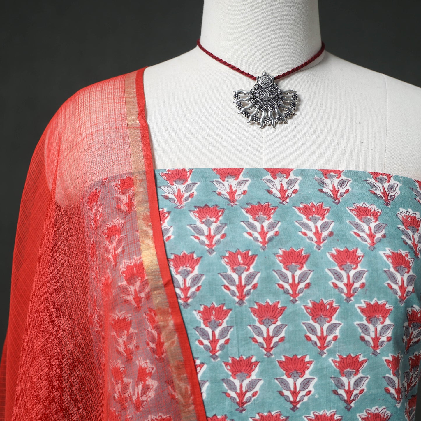 Sanganeri Hand Block Print Cotton 2pc Unstitched Dress Material Kurta Set with Jewellery 12