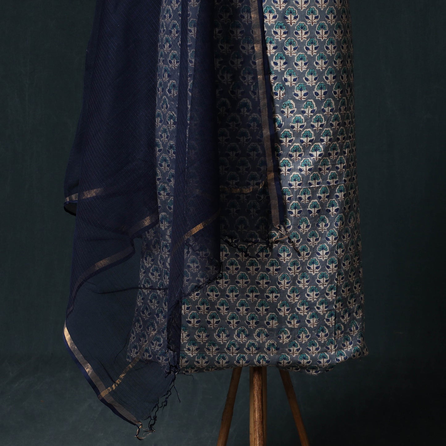 Sanganeri Hand Block Print Cotton 2pc Unstitched Dress Material Kurta Set with Earrings 14