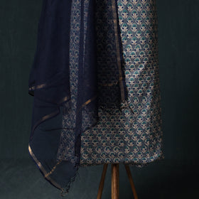 Sanganeri Hand Block Print Cotton 2pc Unstitched Dress Material Kurta Set with Earrings 14
