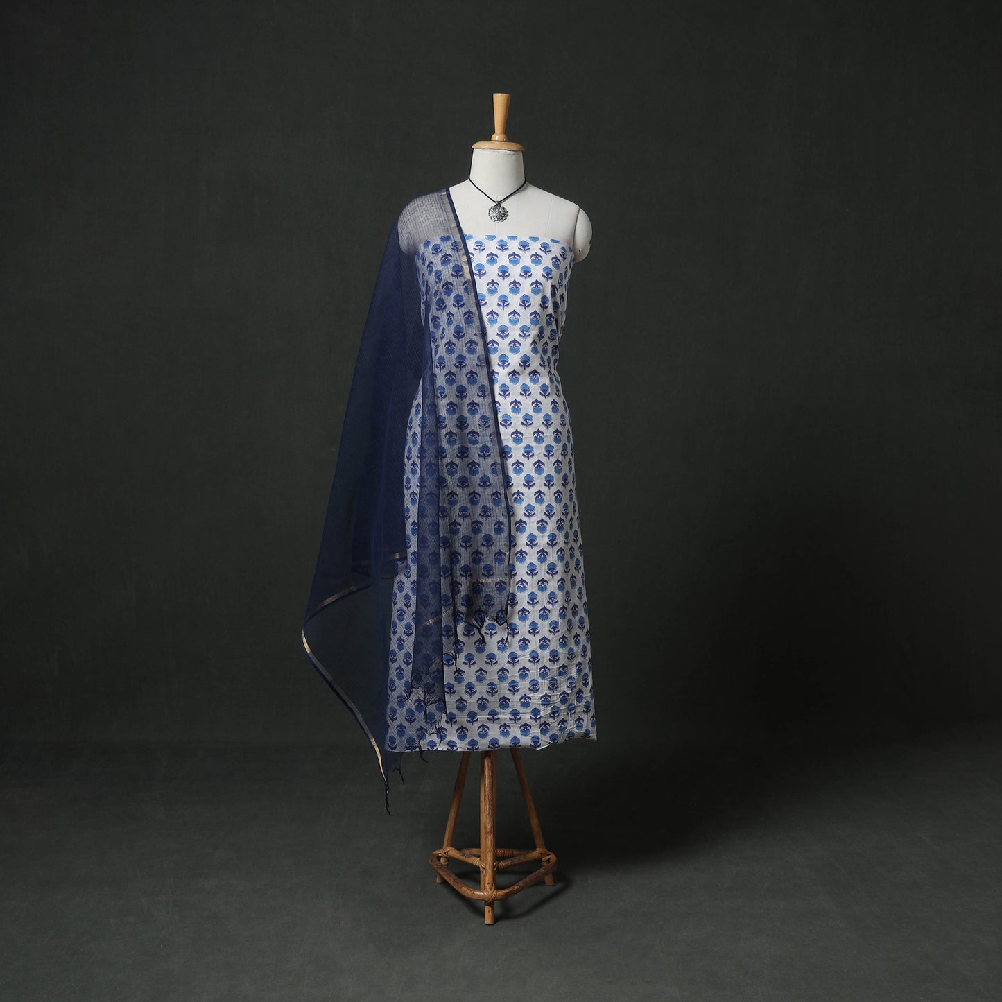 Sanganeri Hand Block Print Cotton 2pc Unstitched Dress Material Kurta Set with Jewellery 13