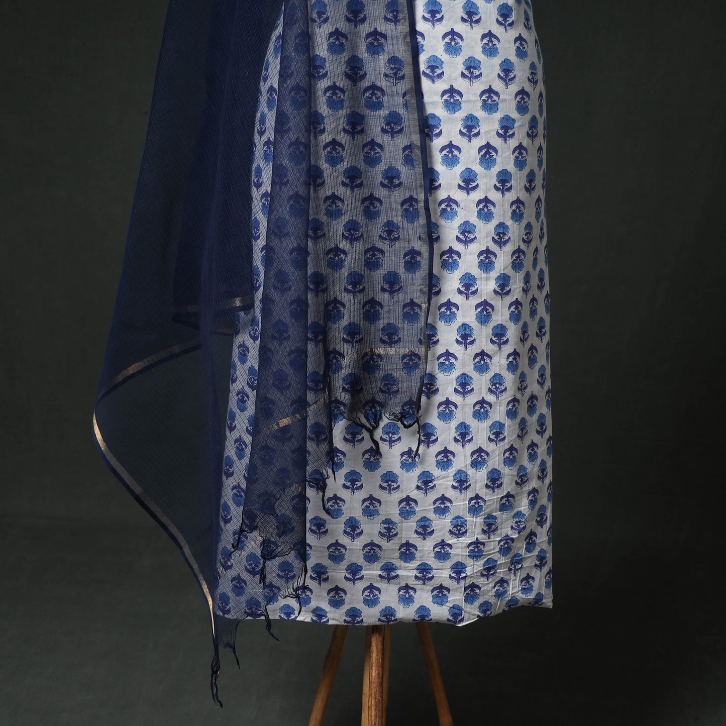 Sanganeri Hand Block Print Cotton 2pc Unstitched Dress Material Kurta Set with Jewellery 13