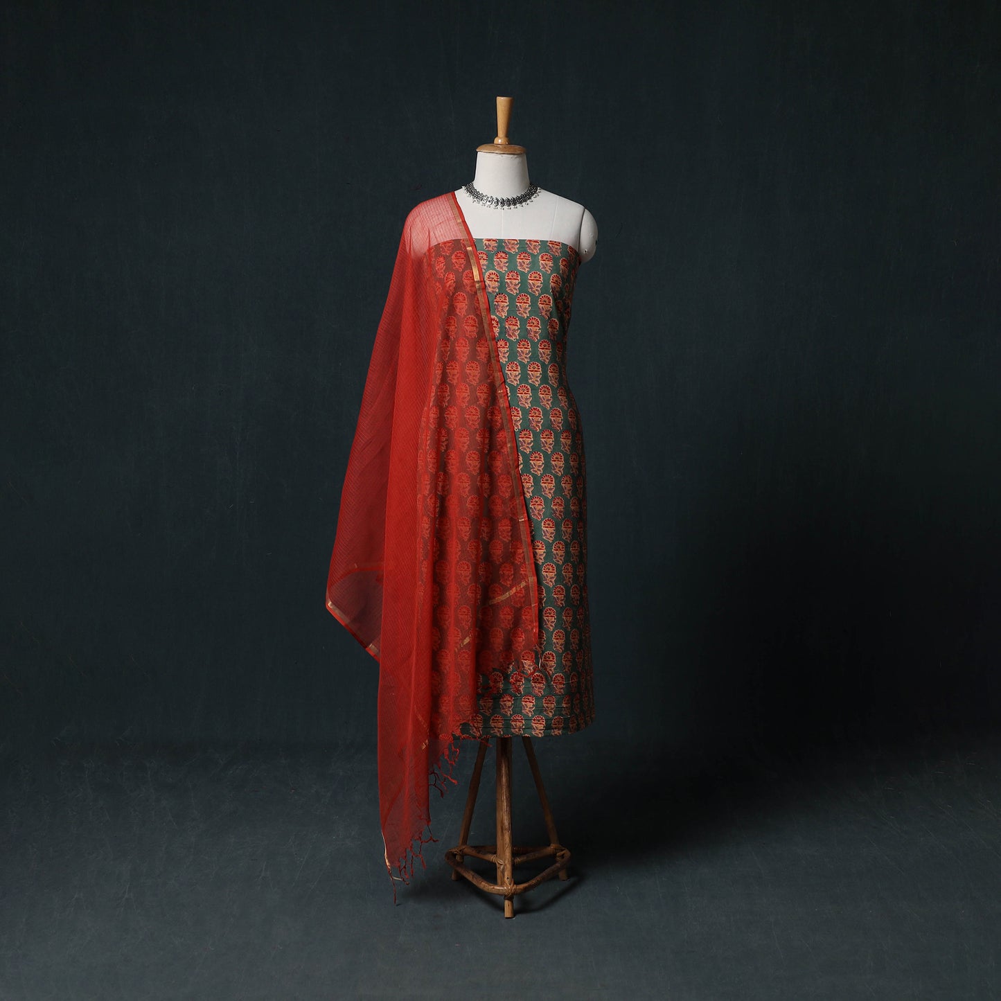 Sanganeri Hand Block Print Cotton 2pc Unstitched Dress Material Kurta Set with Earrings 15