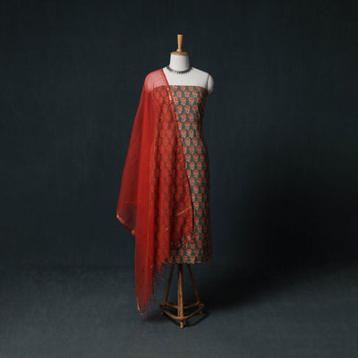 Sanganeri Hand Block Print Cotton 2pc Unstitched Dress Material Kurta Set with Earrings 15
