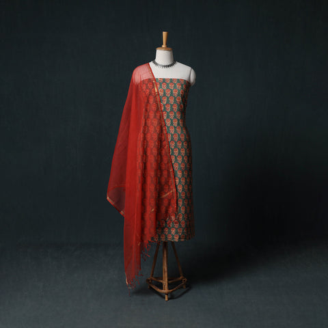 Sanganeri Hand Block Print Cotton 2pc Unstitched Dress Material Kurta Set with Earrings 15