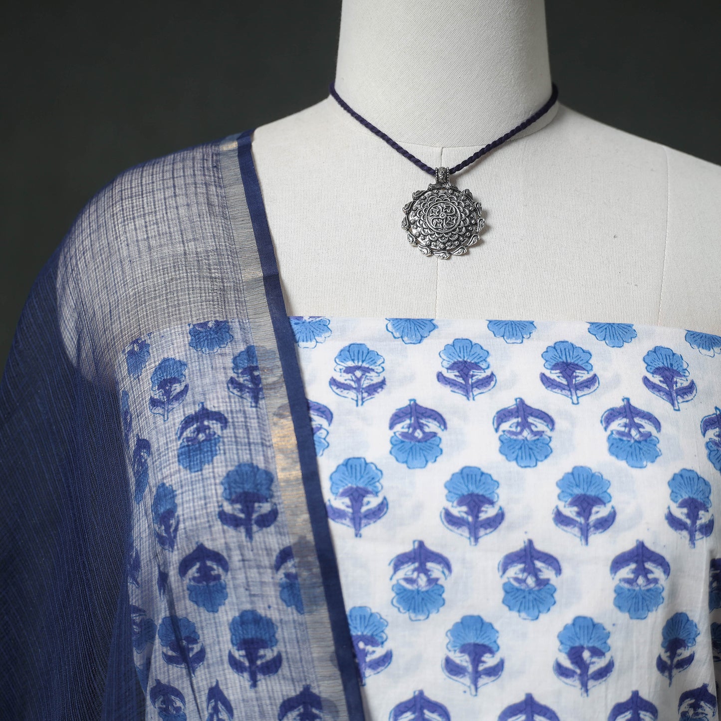 Sanganeri Hand Block Print Cotton 2pc Unstitched Dress Material Kurta Set with Jewellery 13