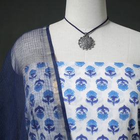 Sanganeri Hand Block Print Cotton 2pc Unstitched Dress Material Kurta Set with Jewellery 13