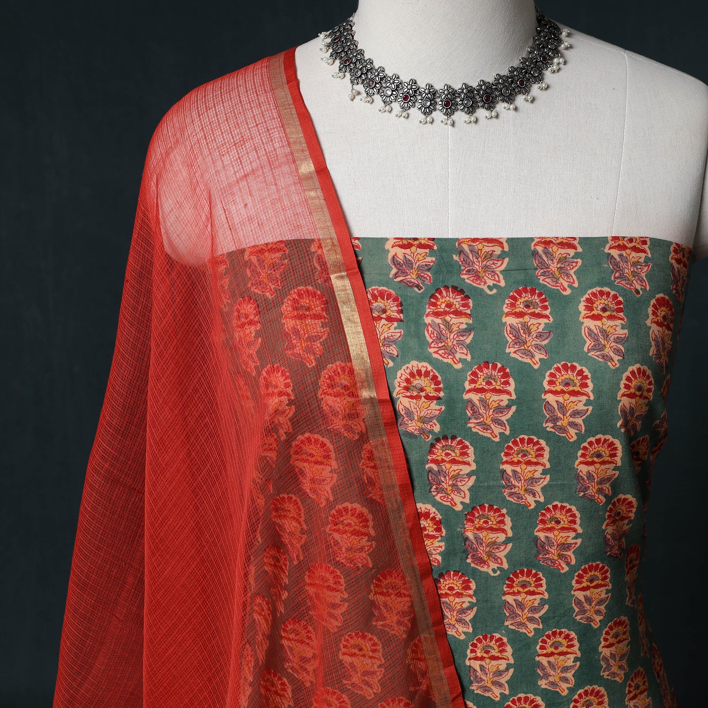 Sanganeri Hand Block Print Cotton 2pc Unstitched Dress Material Kurta Set with Earrings 15