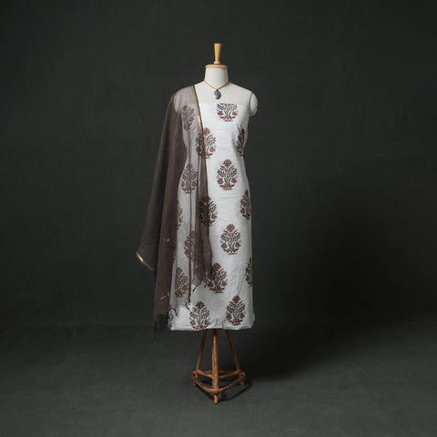 Sanganeri Hand Block Print Cotton 2pc Unstitched Dress Material Kurta Set with Jewellery 14
