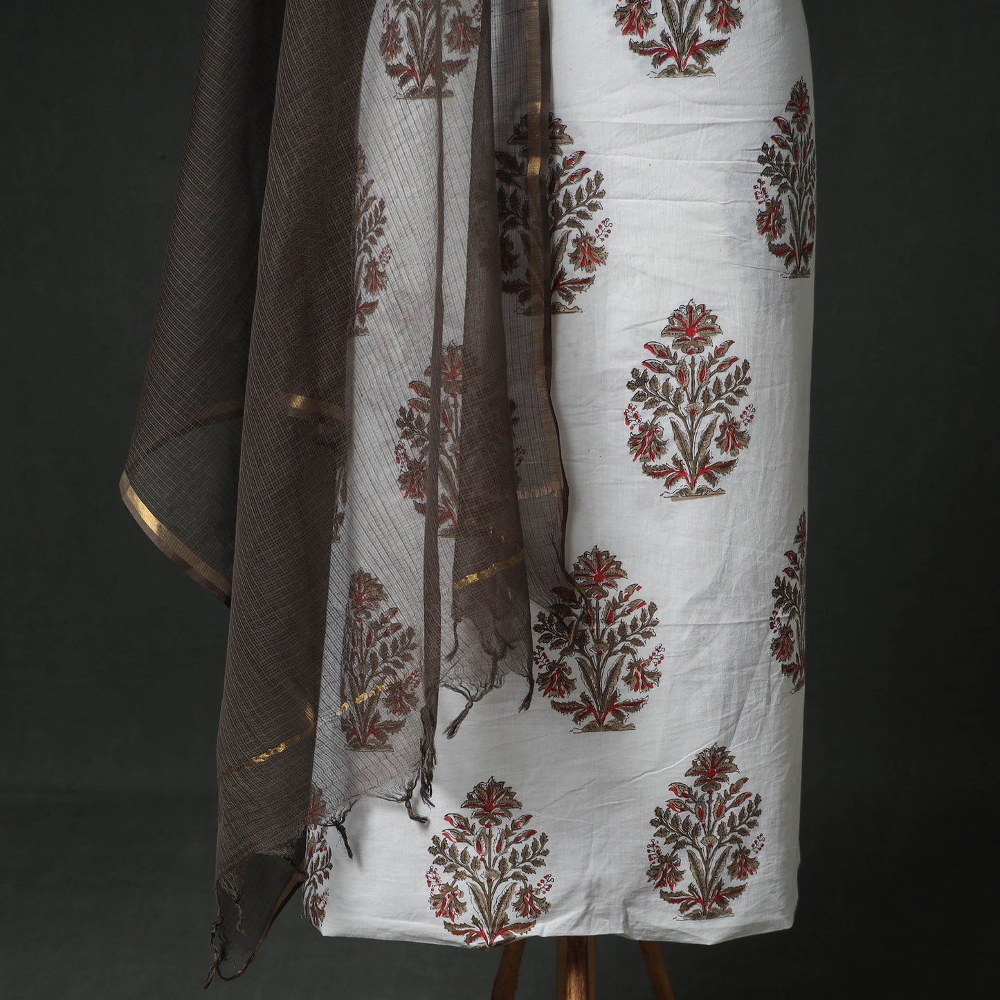Sanganeri Hand Block Print Cotton 2pc Unstitched Dress Material Kurta Set with Jewellery 14