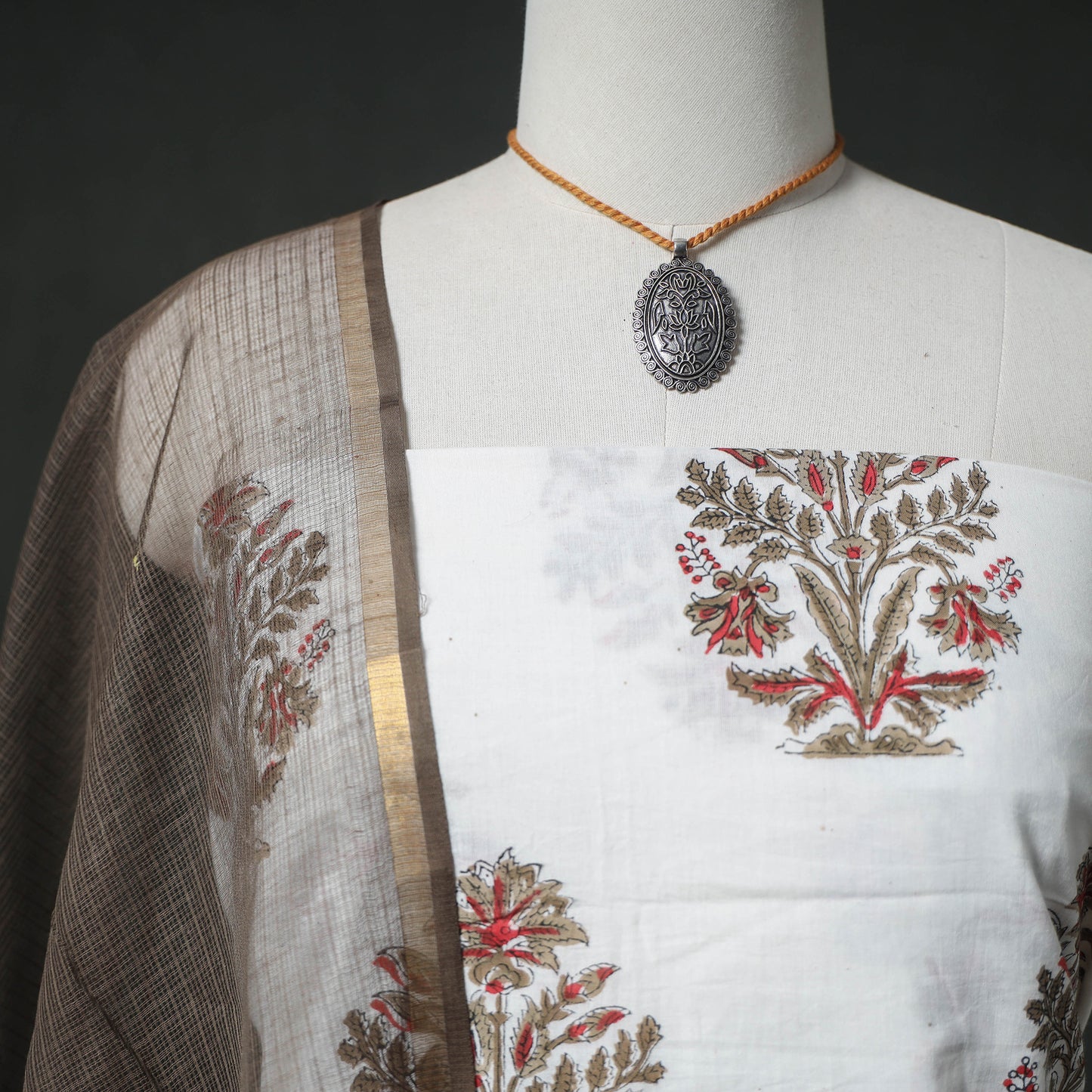 Sanganeri Hand Block Print Cotton 2pc Unstitched Dress Material Kurta Set with Jewellery 14