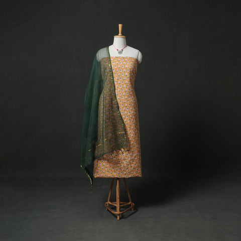Sanganeri Hand Block Print Cotton 2pc Unstitched Dress Material Kurta Set with Jewellery 15