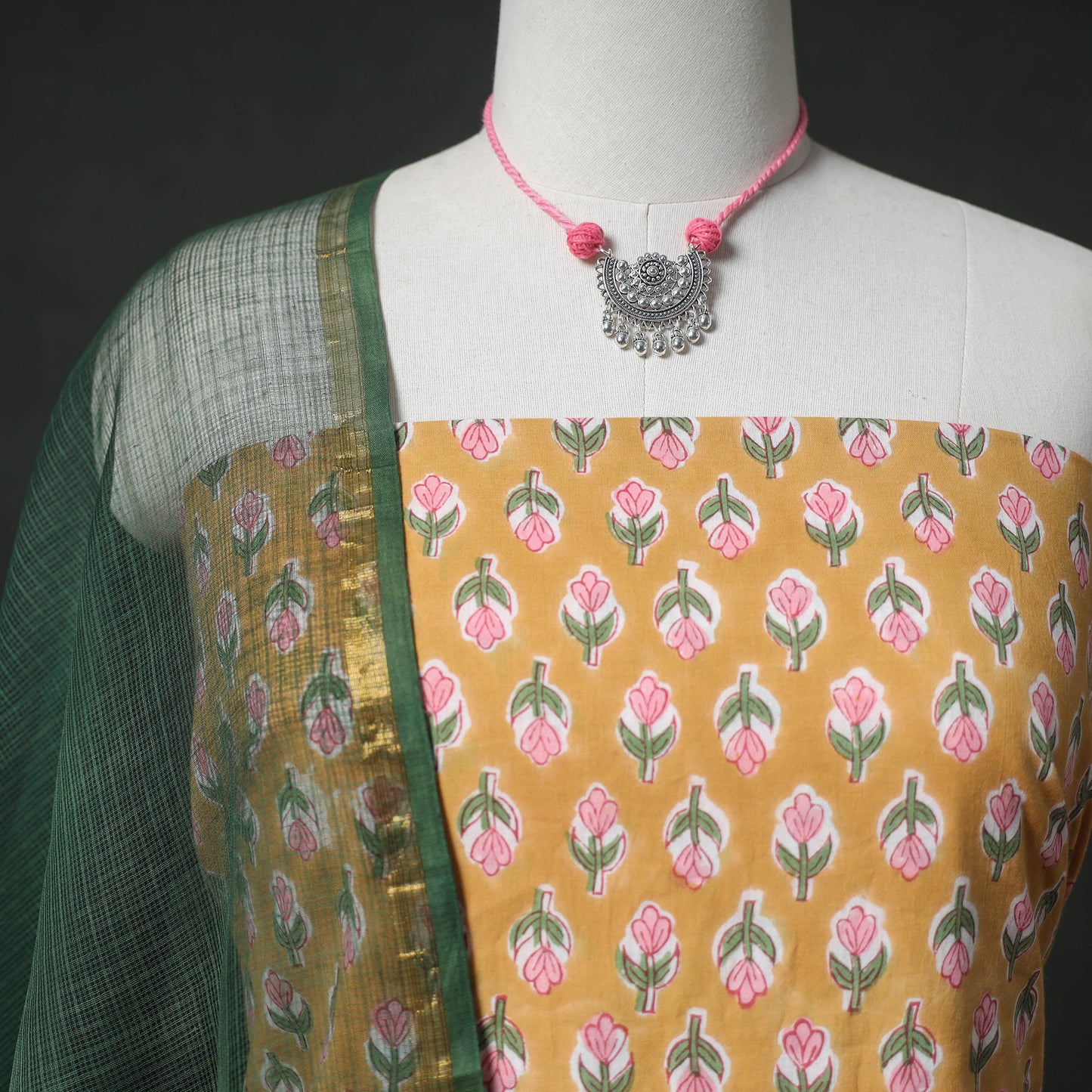 Sanganeri Hand Block Print Cotton 2pc Unstitched Dress Material Kurta Set with Jewellery 15